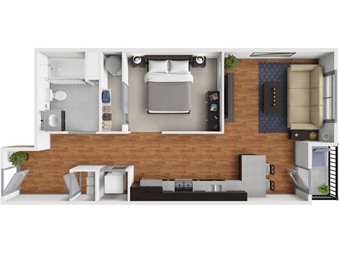 Floor plan for studio, 1 bath, 595 sqft